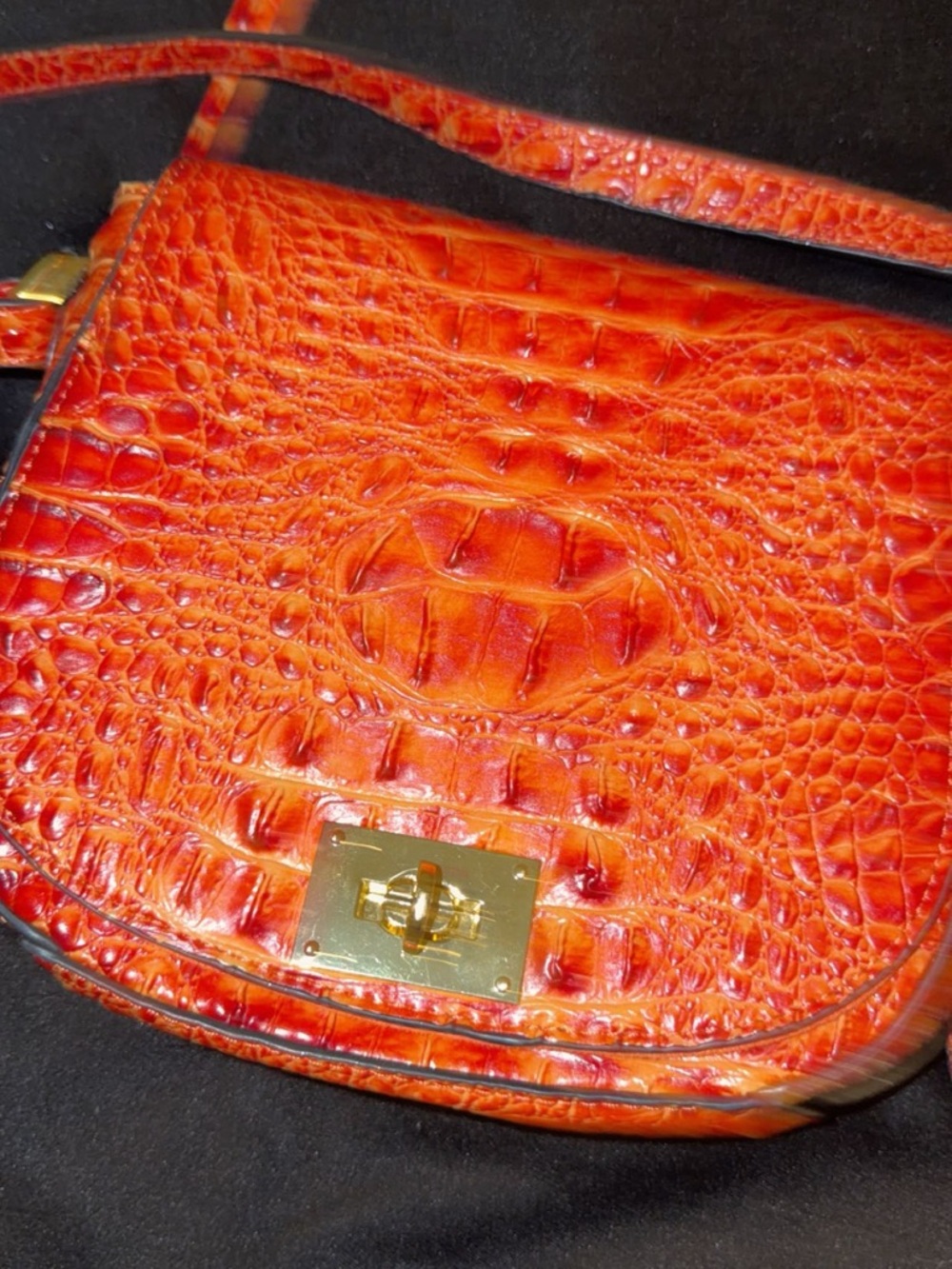 Croc-Embossed Orange Leather Crossbody Bag - Gold Hardware
